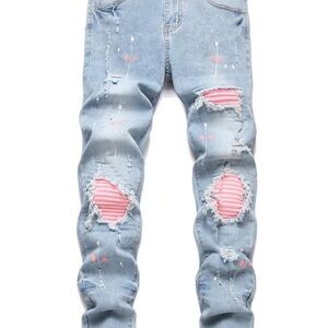 Stylish Light Blue Distressed Jeans with Pink Accents